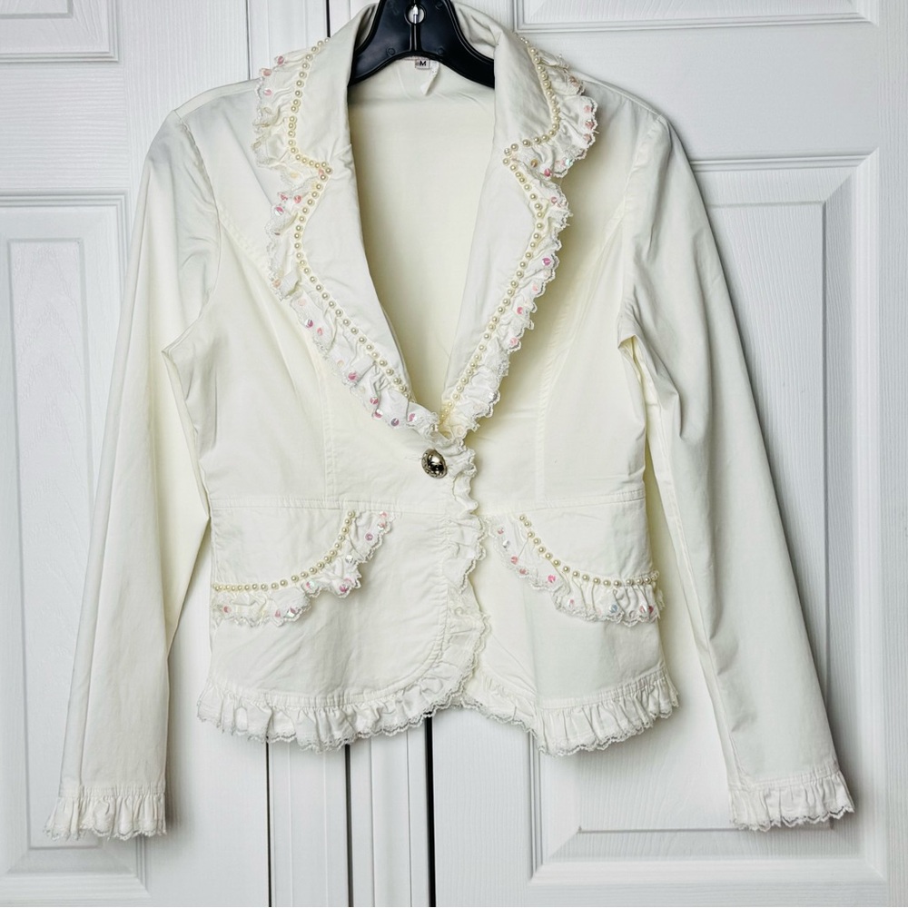 Kelly USA Vintage Ivory Pearl Trim Ruffle Blazer Cottagecore Jacket Size Medium - Picture 2 of 13